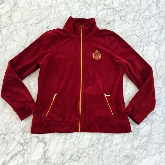 Lauren Ralph Lauren Velour Crest Track Jacket Size Large Full Zip Deep Red Gold - Picture 1 of 7